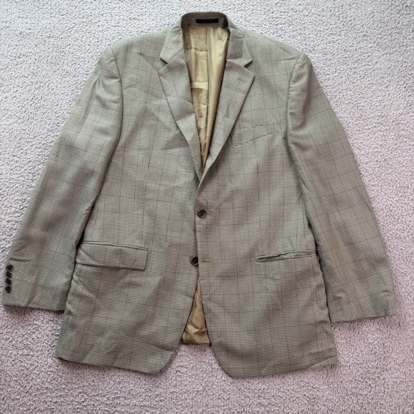 Lauren Ralph Lauren Silk Wool Houndstooth Blazer 42R Two Button Sport Coat Brown